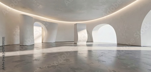 Serene white curved concrete interior with arches for modern architectural branding.
