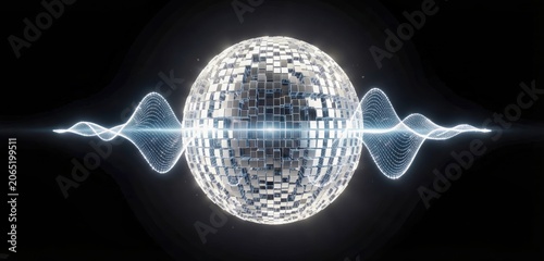 Radiant mirrored disco ball with electric soundwaves for vibrant music marketing.
