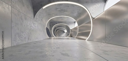 Futuristic concrete tunnel with glowing rings for immersive architectural branding.
