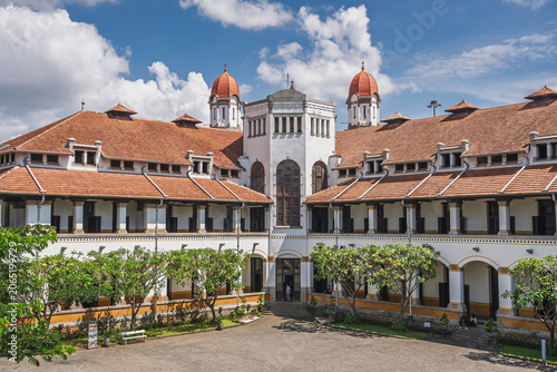 Scenic landscape view of historic colonial building Lawang Sewu from courtyard, Semarang, Central Java, Indonesia