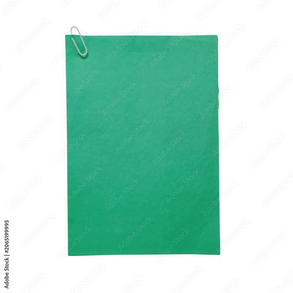 Fototapeta premium Green paper sheet attached with a small metal paper clip isolated on a transparent background