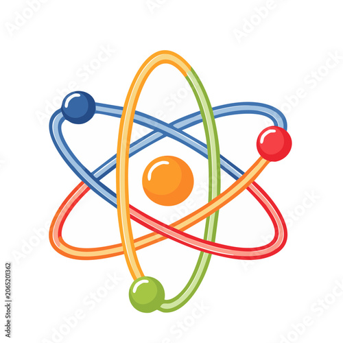 Colorful atom model icon with orbiting electrons