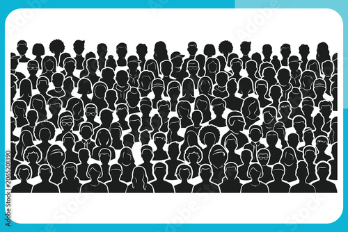 Large crowd of people illustrated in black and white with blue border