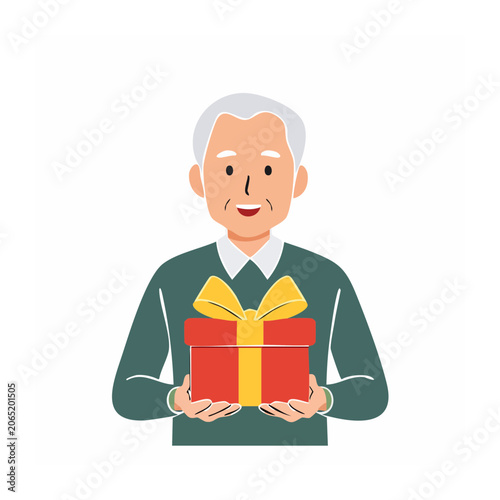 Elderly Man Holding a Red Gift Box with Yellow Ribbon