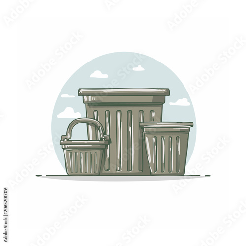 Group of trash cans and bins with clouds in background