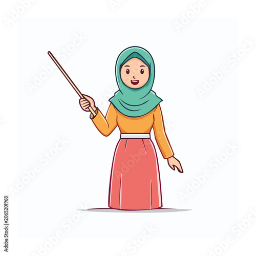 Woman in hijab holding a pointer stick, flat design illustration