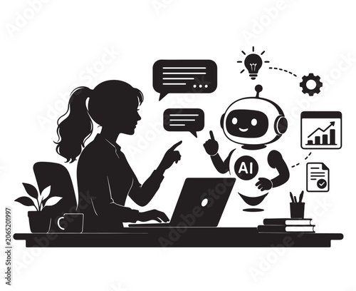 Artificial Intelligence Business Communication Vector, AI Chatbot Assistant with Business People, Black and White Illustration