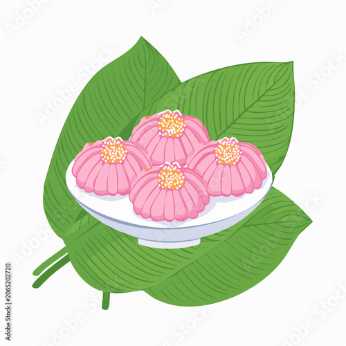 Pink Flower-Shaped Desserts on a Plate with Green Leaves