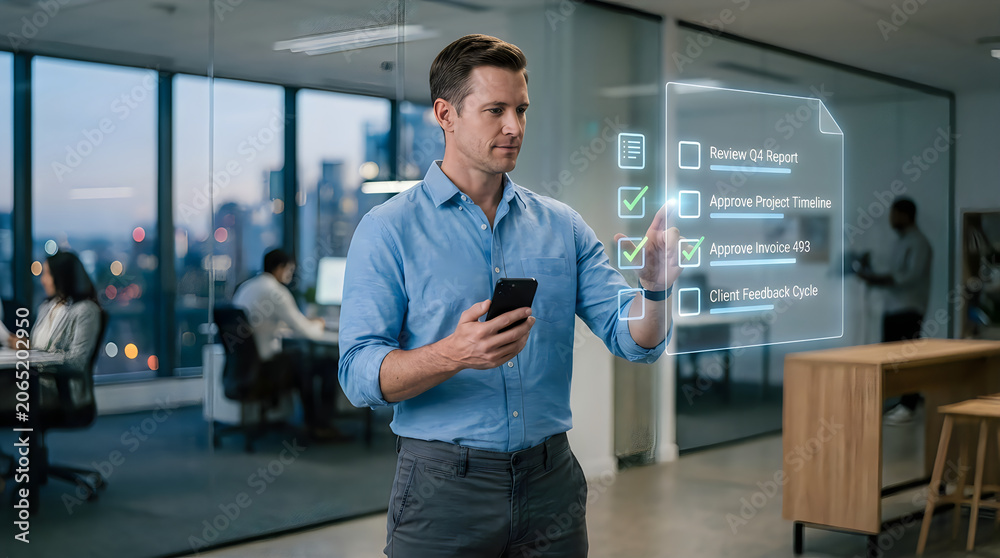Fototapeta premium Business man using smartphone to interact with digital checklist in modern office