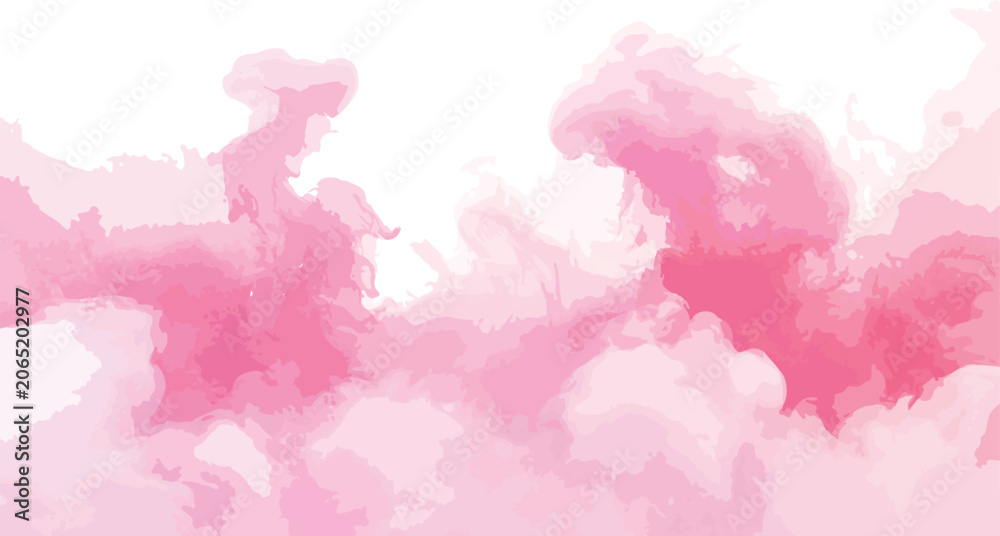 Fototapeta premium Pink and blue abstract watercolor sky background with clouds, splashes, ink texture, grunge paper pattern and colorful paint illustration