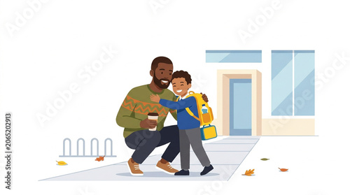 Caring father giving his young son a warm hug before school starts while holding a coffee cup in this colorful and modern flat vector illustration style