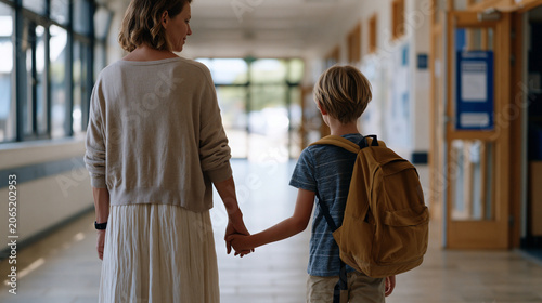Elementary school counselor walking beside a hesitant young boy toward a classroom door, his feet reluctant and his backpack enormous, the morning anxiety of school refusal