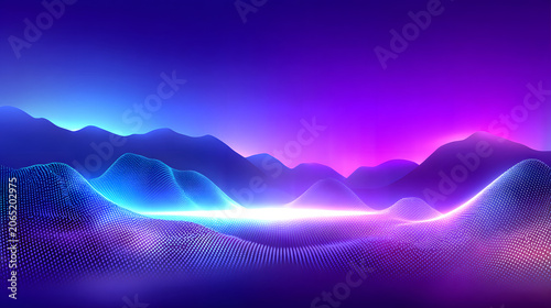 Abstract digital mountain range neon light purple sky blue glow particle wave futuristic landscape digital terrain glowing horizon abstract background gradient sky