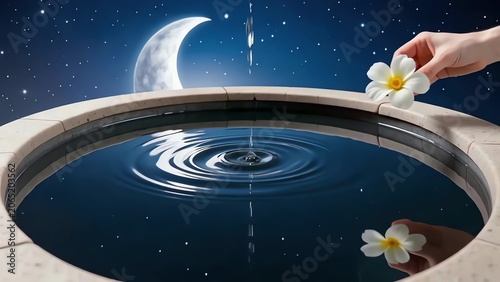 Hand Dropping Water Drops Into Circular Pool Under Night Sky
