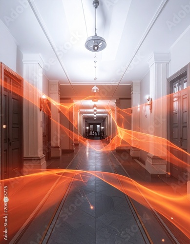 Abstract Energy Flow in Hallway: An illuminated hallway with abstract orange energy waves flowing through it, creating a dynamic and futuristic atmosphere.