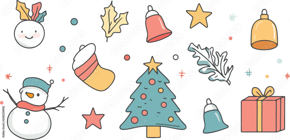 Fototapeta premium Set of Christmas trees and decorations winter holiday vector illustration with snowflakes, stars, gifts and snowman festive Xmas card design pattern