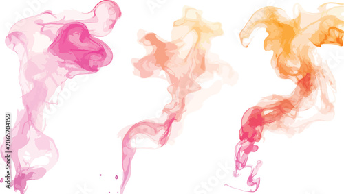 Abstract pink smoke and watercolor ink flow isolated on white background with fluid splash motion and soft wave texture design for art pattern illustration