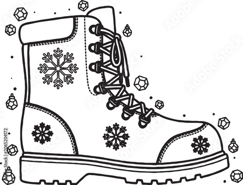 Φωτογραφία Detailed black and white line art of a sturdy winter boot with laces adorned wit