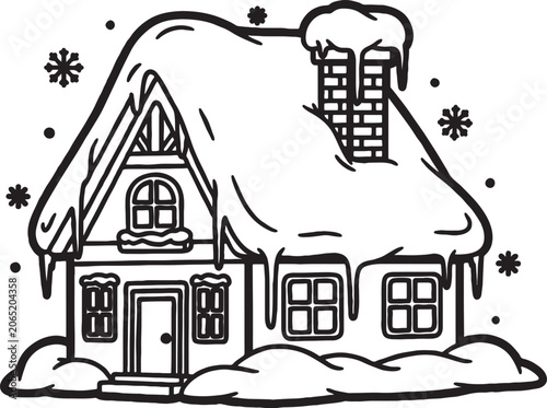 Snow covered house outline with icicles and falling snowflakes winter holiday season graphic element christmas building snowflake monochrome illustration coloring traditional