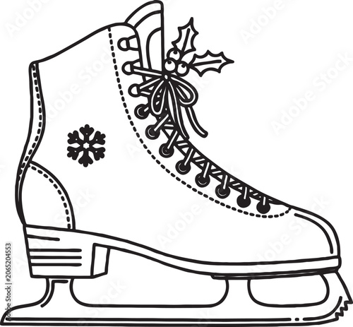 Traditional ice skate with holly and snowflake detail black and white outline graphic for winter sports line art snowflake traditional recreation christmas illustration clip art