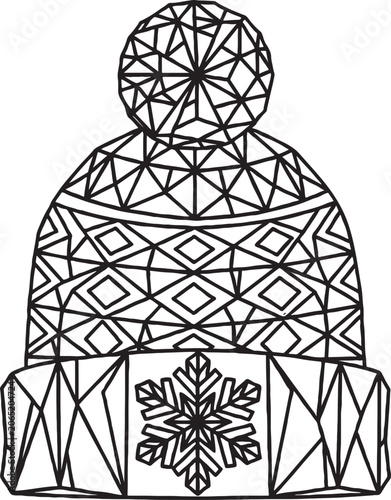 Geometric patterned winter knit hat with pom-pom and prominent snowflake design on the folded brim cold weather black and white winter sports snowflake geometric clothing accessory