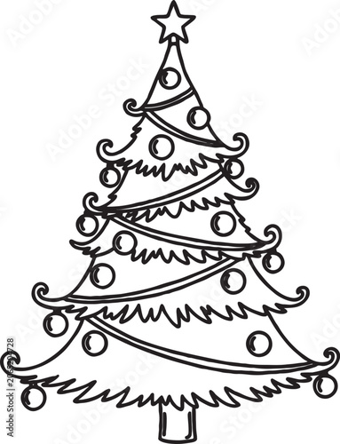 Classic decorated christmas tree with round ornaments and a star on top symbolizing holiday cheer and festive celebrations black and white line art christmas ornaments decoration