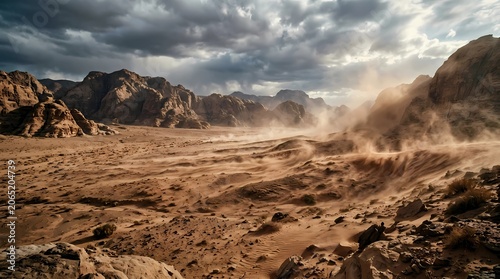 Scenic Desert Mountain Landscape with Rocky Valley, Dry Hills and Dramatic Sky Panorama for Travel and Nature Tourism