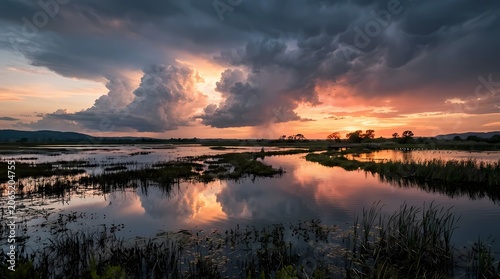 Serene Sunset Over Lake and River with Golden Reflections Beneath a Colorful Evening Sky