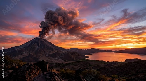Fiery Sunset Clouds Over Mountain Peaks with Dramatic Red Sky and Desert Landscape View