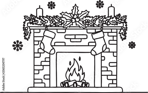 Cozy christmas brick fireplace with burning fire hung stockings festive holly garland candles on the mantel surrounded by falling snowflakes black and white line art christmas fireplace