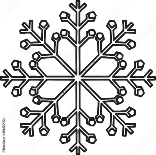 Symmetrical snowflake icon graphic illustration in black and white line art with snowflake symmetry geometry ornament decoration christmas isolated background minimalist template