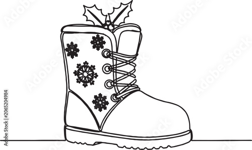 Winter lace up boot illustration with snowflake and holly leaf pattern graphic line art footwear snowflake seasonal clothing decoration coloring isolated background december