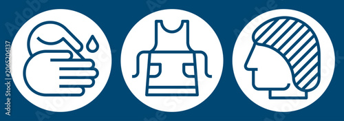 Wash your hands, apron and hair net fitting sign. Food industry infographics. Food manufacturing instructions symbols.