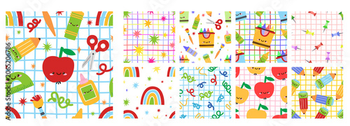 Cute school patterns set with funny stationery cartoon characters for seamless textile fabric design and september first back to school kids party invitations