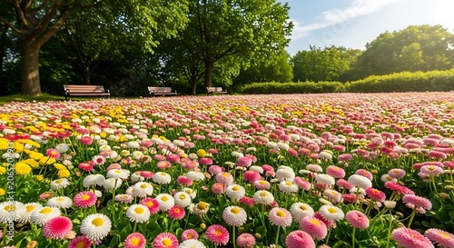 Vibrant meadow filled with diverse blooming flowers under sunlight