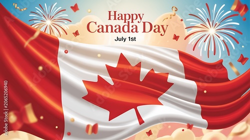 Happy Canada Day celebration with waving flag and fireworks