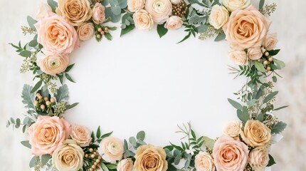 Elegant floral border with peach and cream roses and eucalyptus leaves