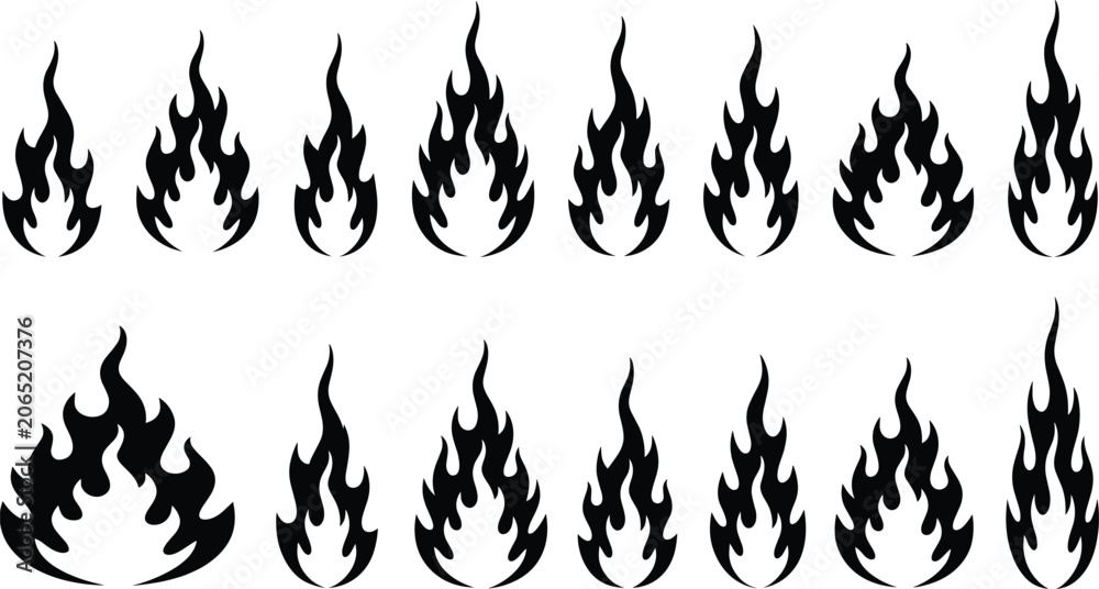 Naklejka premium Flame fire icon collection, burning blaze symbols vector illustration set for design project