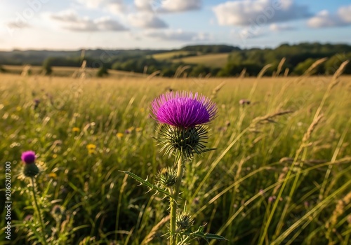 Vibrant purple thistle bloom in sunlit golden meadow landscape