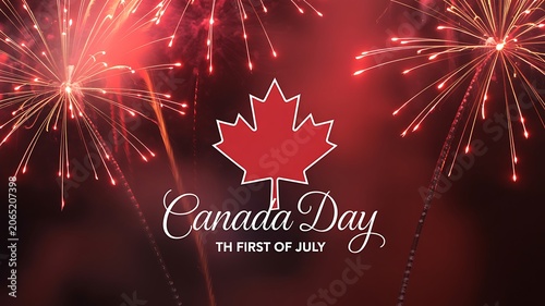 Canada Day greeting with maple leaf and fireworks background
