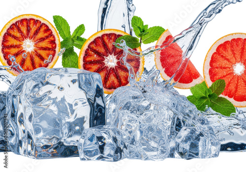 Hyper-realistic macro of textured ice, ruby blood orange, and pink grapefruit segments caught mid-splash on white, conveying intense refreshing vitality concept for beverage advertising