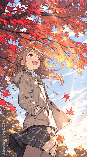 Anime schoolgirl with flowing hair under autumn maple leaves at golden sunset, overlooking mountain town view, nostalgic fall illustration,夕日に輝く紅葉と長い髪をなびかせる女子高生、高台から見下ろす街と山の風景、秋の郷愁感あるアニメ風イラスト