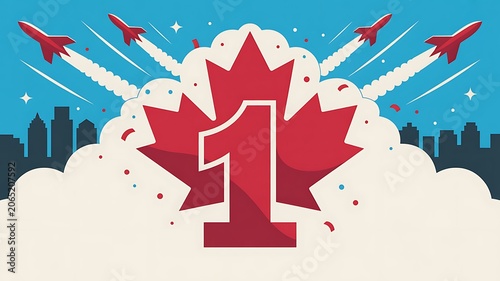 Canada Day number one with rockets over a city skyline