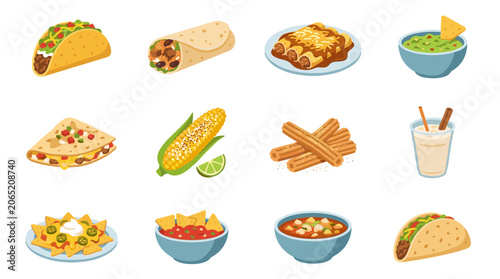 Collection of pixel art Mexican food icons including tacos, burritos, enchiladas, guacamole, quesadillas, corn on the cob, churros, and beverages, suitable for digital interfaces and gaming