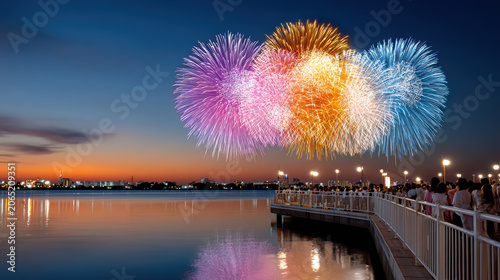 Sunset fireworks display above crowded riverside boardwalk with reflections for festival background and city celebration banner