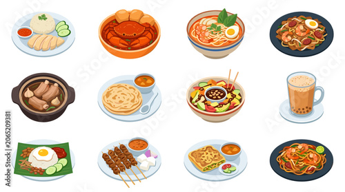 Collection of pixel art Malaysian and Singaporean cuisine, featuring hawker food like chicken rice, laksa, char kway teow, satay, roti canai, and Teh Tarik, perfect for digital menus or game assets