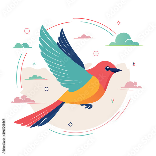 Flat design illustration of a colorful bird in flight