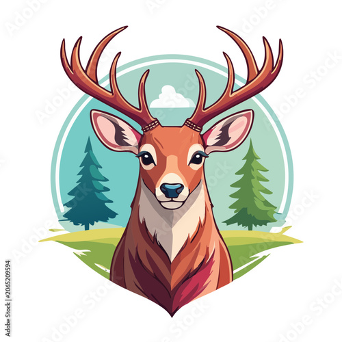 Flat design illustration of a deer head with antlers in a forest scene