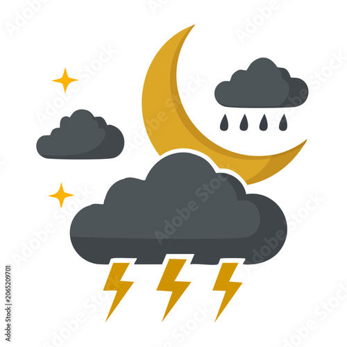 Flat design weather icons with moon, clouds, and lightning