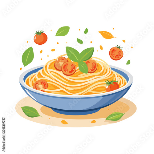 Illustration of spaghetti pasta with tomatoes and basil in a bowl